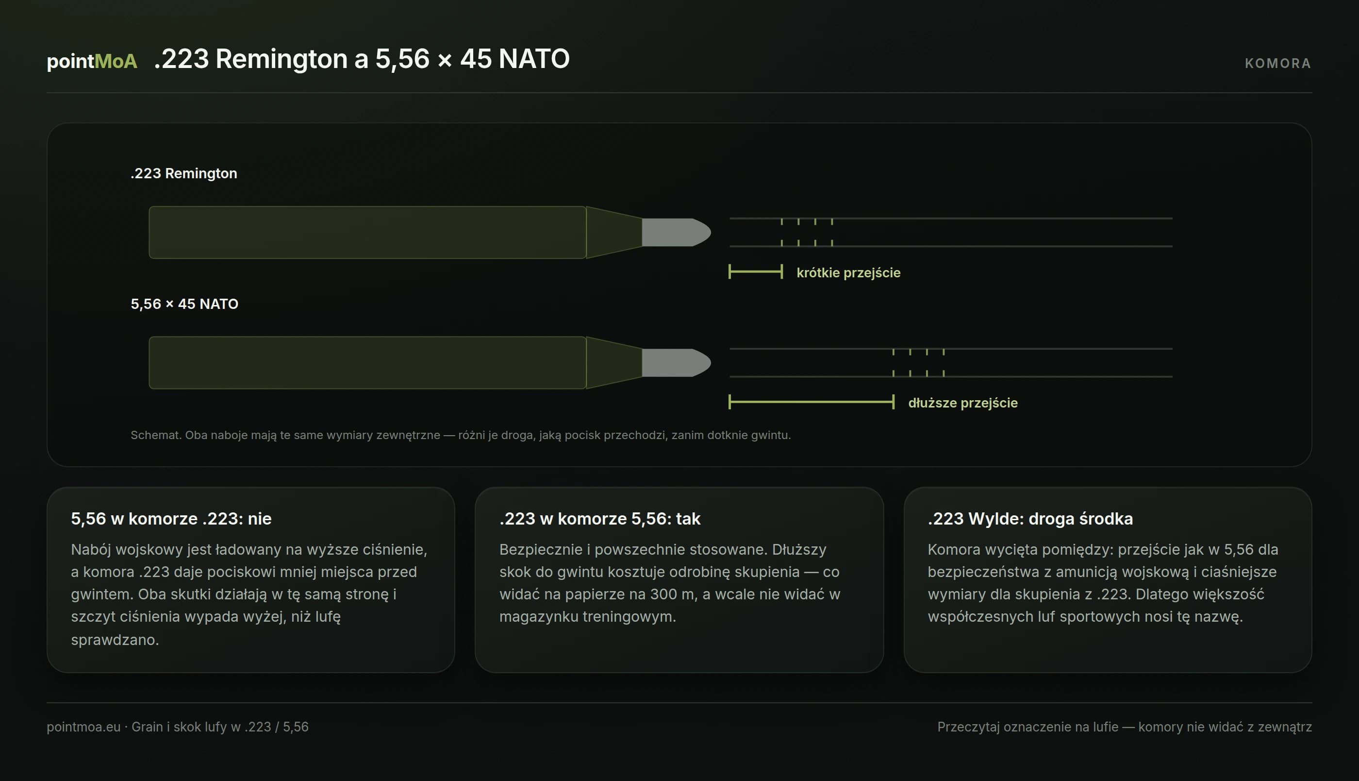 Schemat dwóch komór: w .223 Remington gwint zaczyna się blisko czubka pocisku, w 5,56 × 45 NATO znacznie dalej. Wymiary zewnętrzne obu nabojów są takie same.