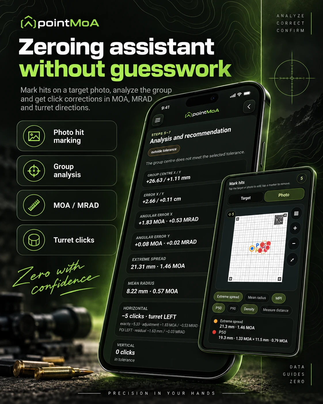 The zeroing assistant screen: group analysis with the centre offset, the angular error in MOA and MRAD and the recommended number of turret clicks together with the direction.
