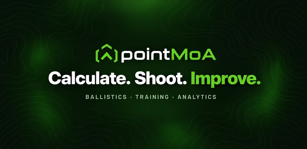 pointMoA banner on a dark green contour-map background: the pointMoA logo, the tagline “Calculate. Shoot. Improve.” and the line “Ballistics · Training · Analytics”.