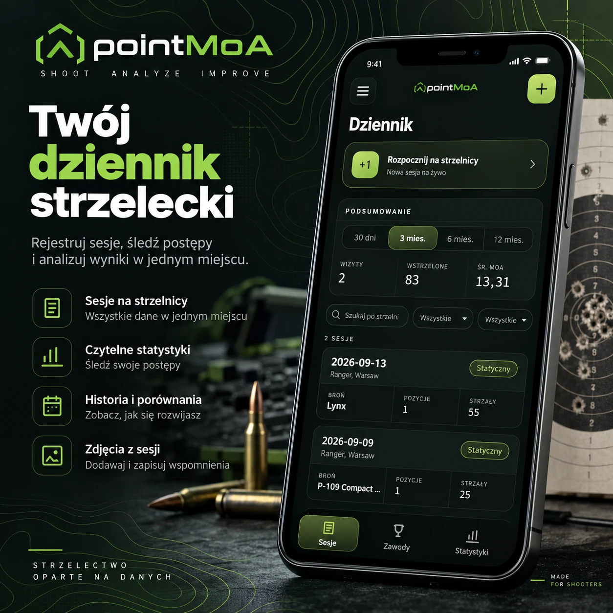 Ekran dziennika: podsumowanie ostatnich miesięcy z liczbą wizyt, oddanych strzałów i średnim skupieniem oraz lista sesji na strzelnicy.