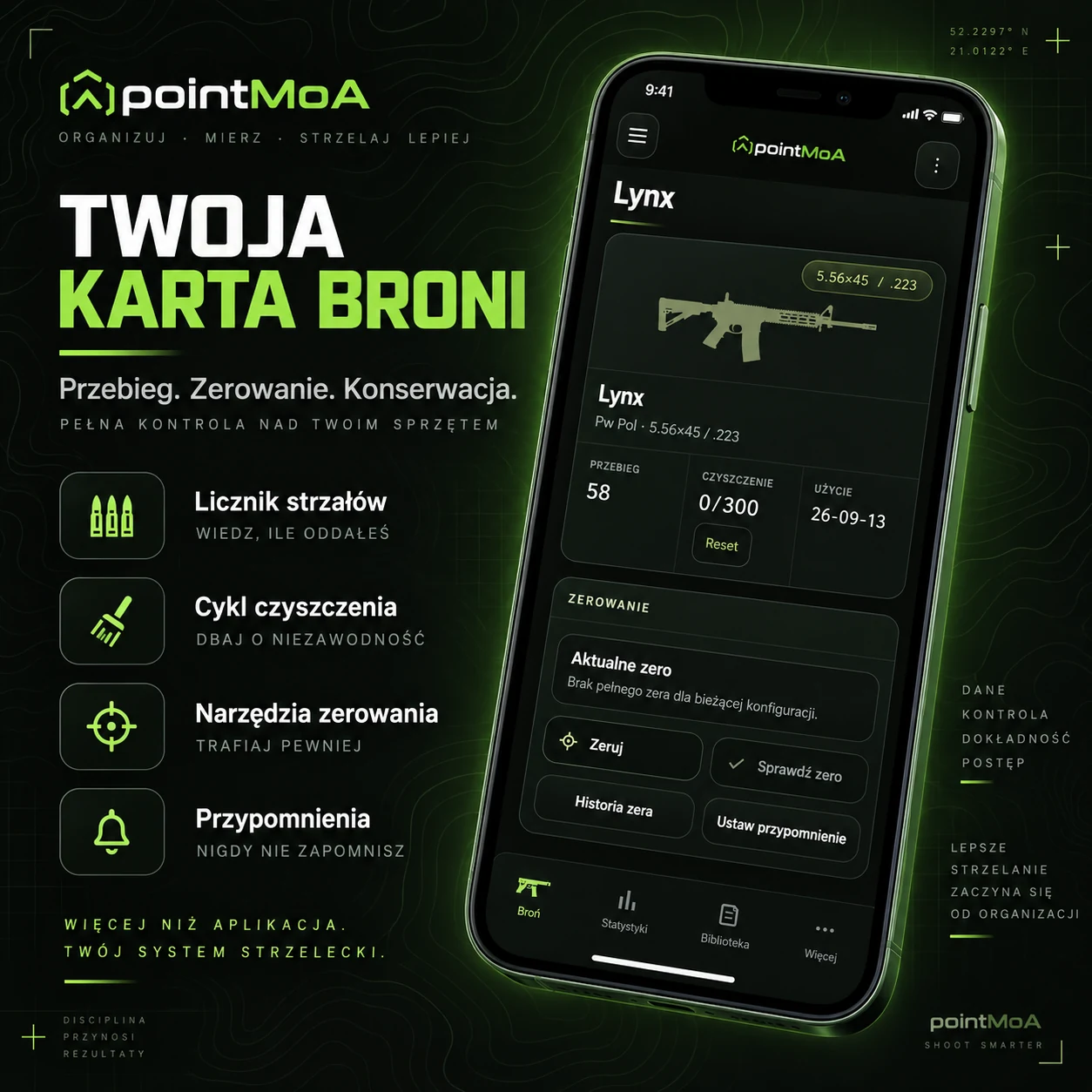 Karta broni w Zbrojowni: licznik oddanych strzałów, cykl czyszczenia, stan zerowania i przypomnienia o obsłudze.