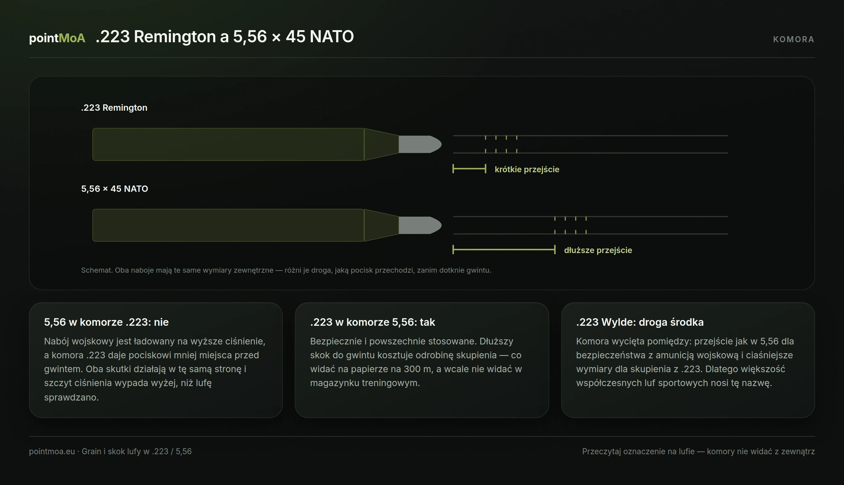 Schemat dwóch komór: w .223 Remington gwint zaczyna się blisko czubka pocisku, w 5,56 × 45 NATO znacznie dalej. Wymiary zewnętrzne obu nabojów są takie same.