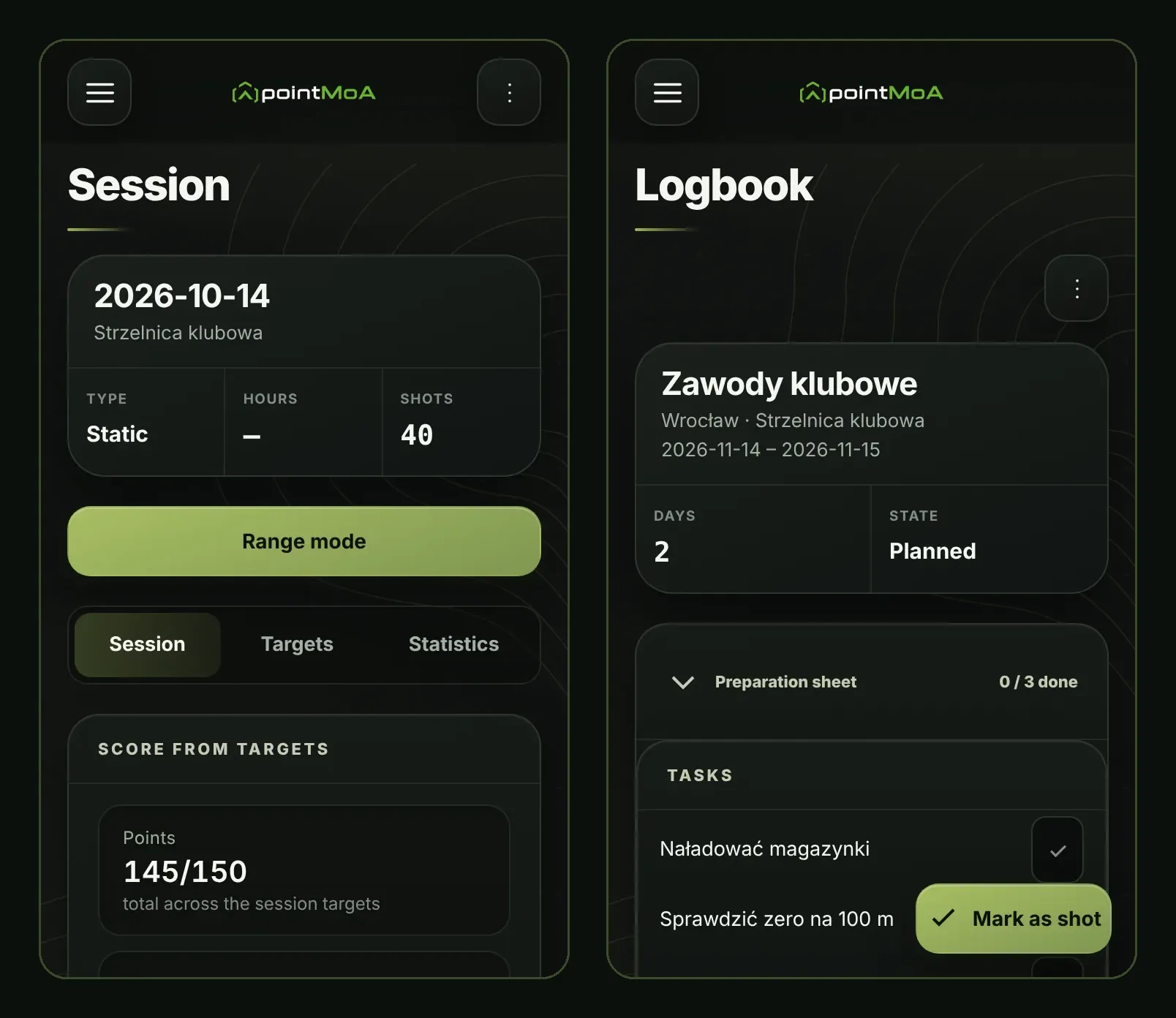 Two pointMoA logbook screens. Left: a session card from 14 October 2026 at a club range, type “Static”, 40 shots, a “Range mode” button, Session, Targets and Statistics tabs and a target score of 145/150. Right: a competition card “Zawody klubowe” in Wrocław, two days, state “Planned”, a preparation sheet at 0 of 3 and tasks such as checking the zero at 100 m.