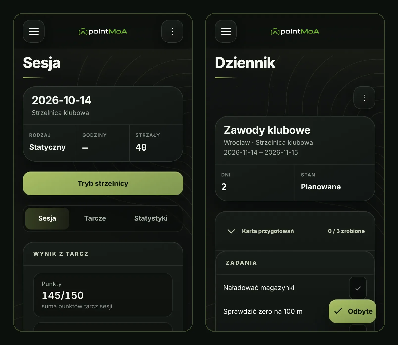 Dwa ekrany Dziennika pointMoA. Po lewej karta sesji z 14 października 2026 na strzelnicy klubowej: rodzaj „Statyczny”, 40 strzałów, przycisk „Tryb strzelnicy”, zakładki Sesja, Tarcze i Statystyki oraz wynik z tarcz 145/150 punktów. Po prawej karta zawodów „Zawody klubowe” we Wrocławiu, dwa dni, stan „Planowane”, karta przygotowań 0 z 3 i zadania „Naładować magazynki” oraz „Sprawdzić zero na 100 m”.