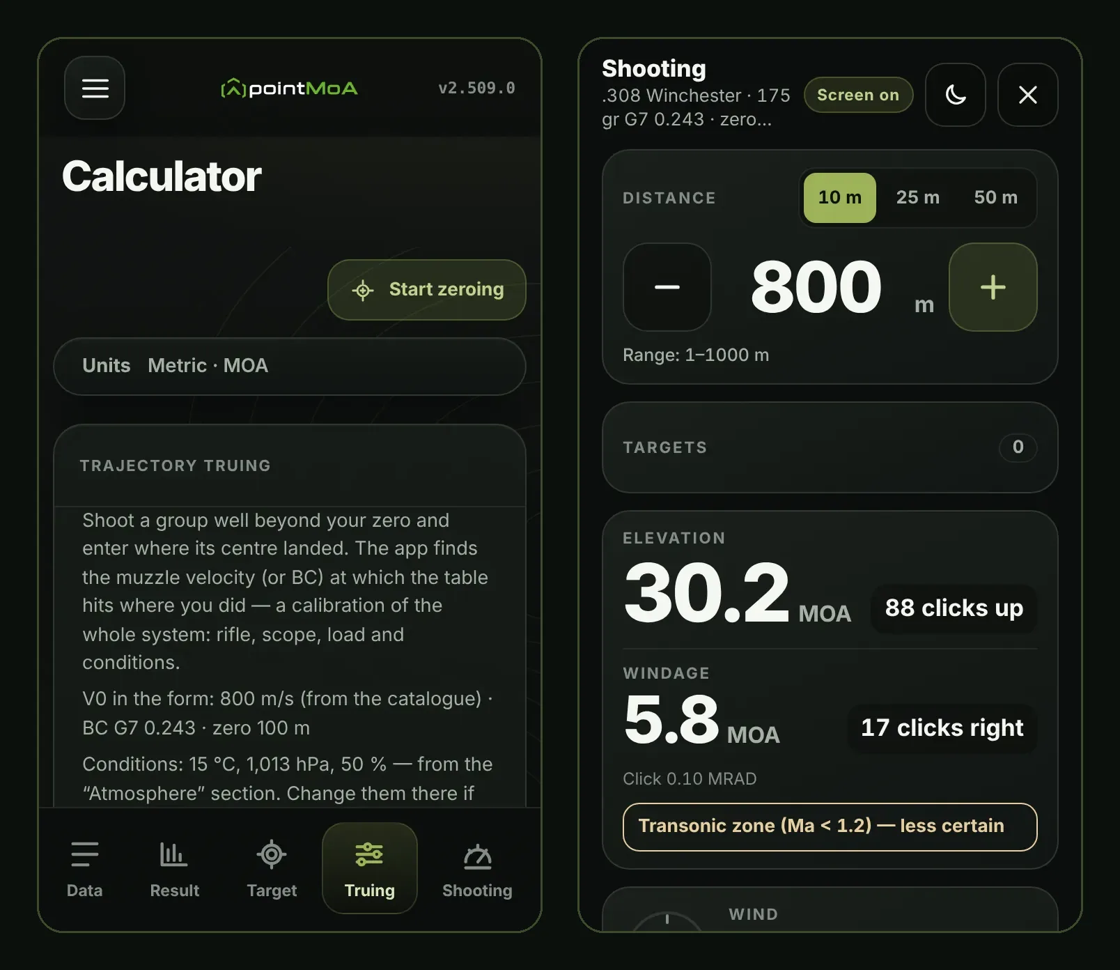 Two screens from pointMoA Calculator advanced mode. Left: the “Truing” tab with the “Trajectory truing” panel, explaining how muzzle velocity or BC is fitted to the point of impact, and the form data: V0 800 m/s, G7 BC 0.243, 100 m zero, 15 °C, 1,013 hPa and 50 %. Right: the full-screen “Shooting” view for .308 Winchester 175 gr: distance 800 m with plus and minus buttons, range 1–1000 m, elevation 30.2 MOA or 88 clicks up, windage 5.8 MOA or 17 clicks right, and a transonic zone warning.
