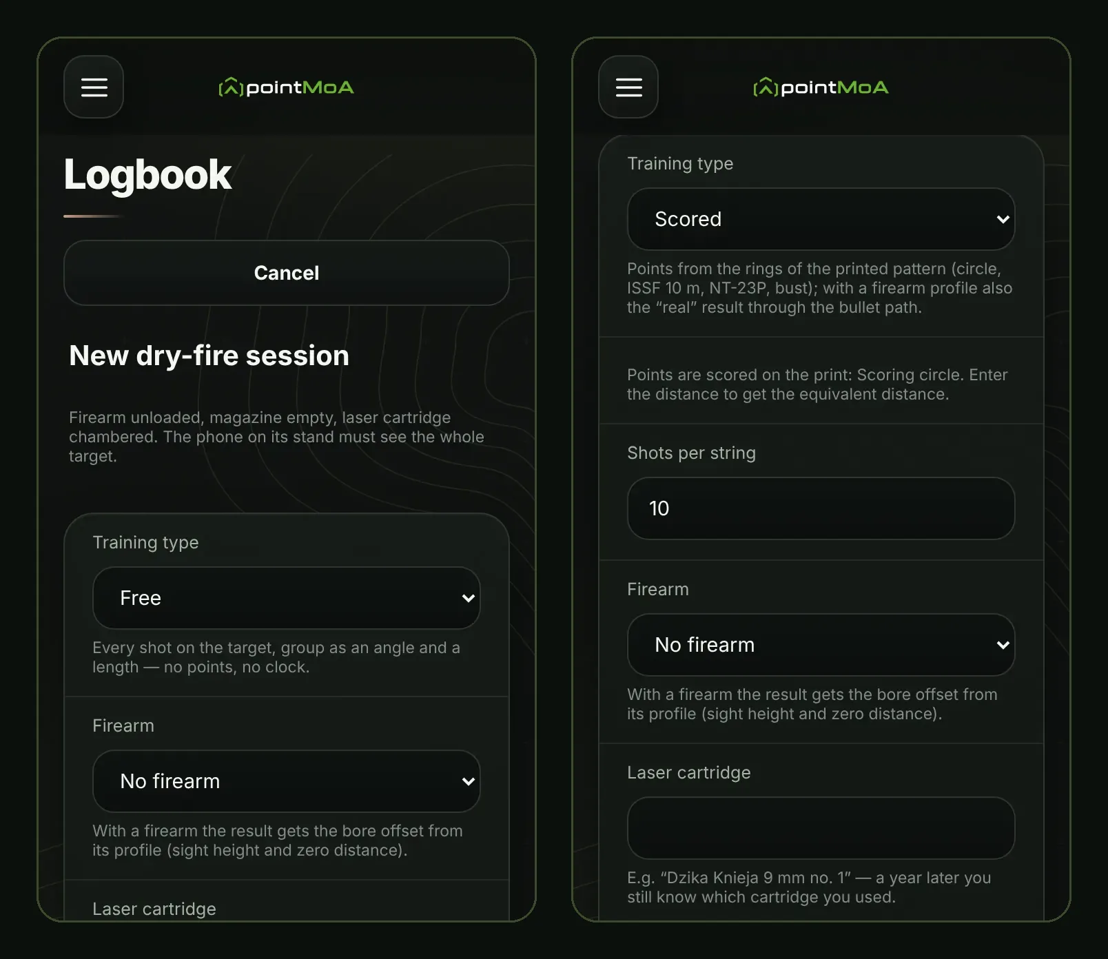 Two pointMoA new dry-fire session screens. Left: “New dry-fire session” with a reminder about an unloaded firearm and a phone on a stand, and the fields “Training type: Free”, “Firearm: No firearm” and “Laser cartridge”. Right: the selected “Scored” type with a description of scoring from the rings of a printed pattern, “Shots per string: 10” and the firearm and laser cartridge fields.