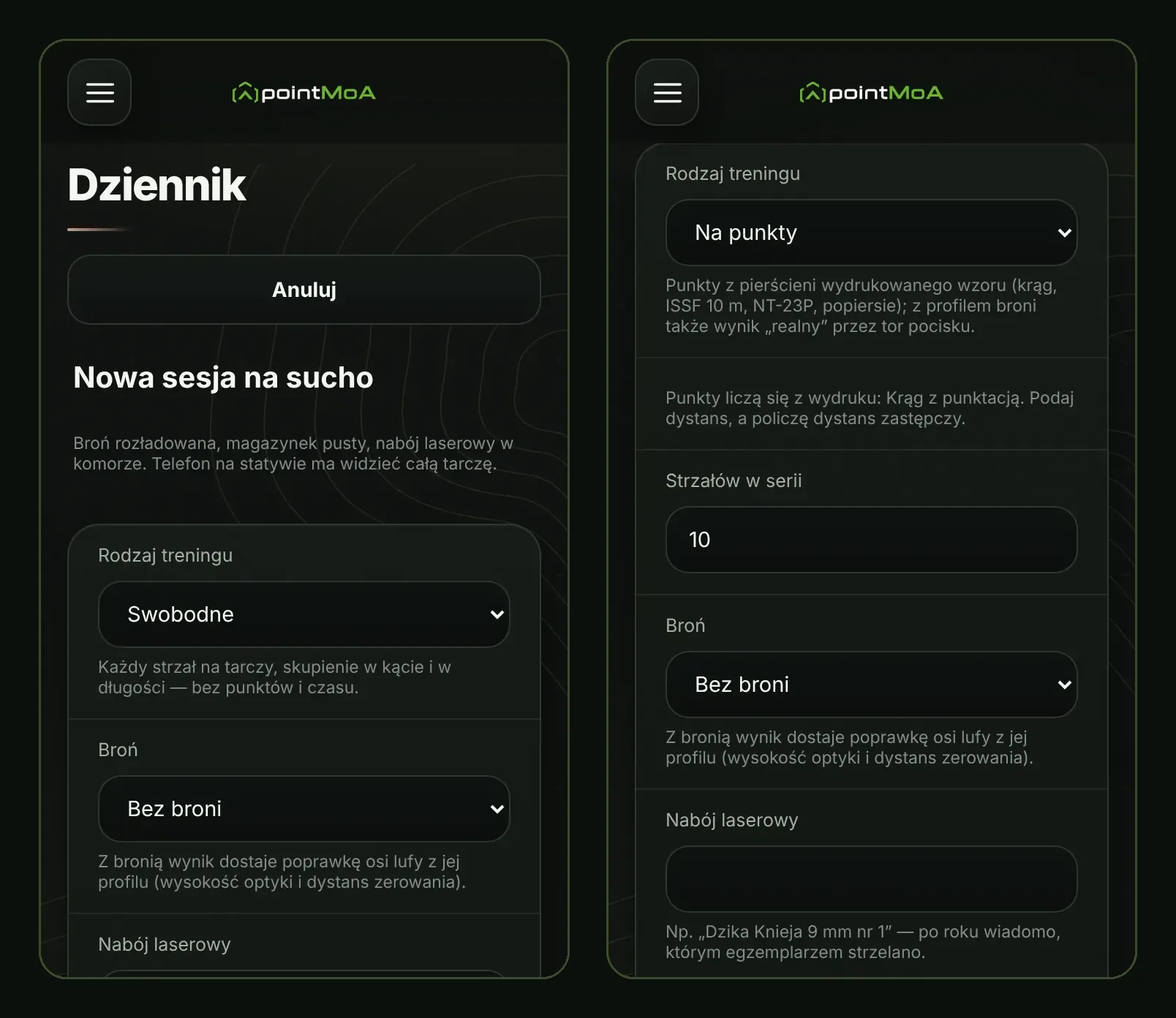 Dwa ekrany nowej sesji na sucho w pointMoA. Po lewej „Nowa sesja na sucho” z przypomnieniem o rozładowanej broni i telefonie na statywie oraz polami „Rodzaj treningu: Swobodne”, „Broń: Bez broni” i „Nabój laserowy”. Po prawej wybrany rodzaj „Na punkty” z opisem punktacji z pierścieni wydrukowanego wzoru, pole „Strzałów w serii: 10”, wybór broni i naboju laserowego.
