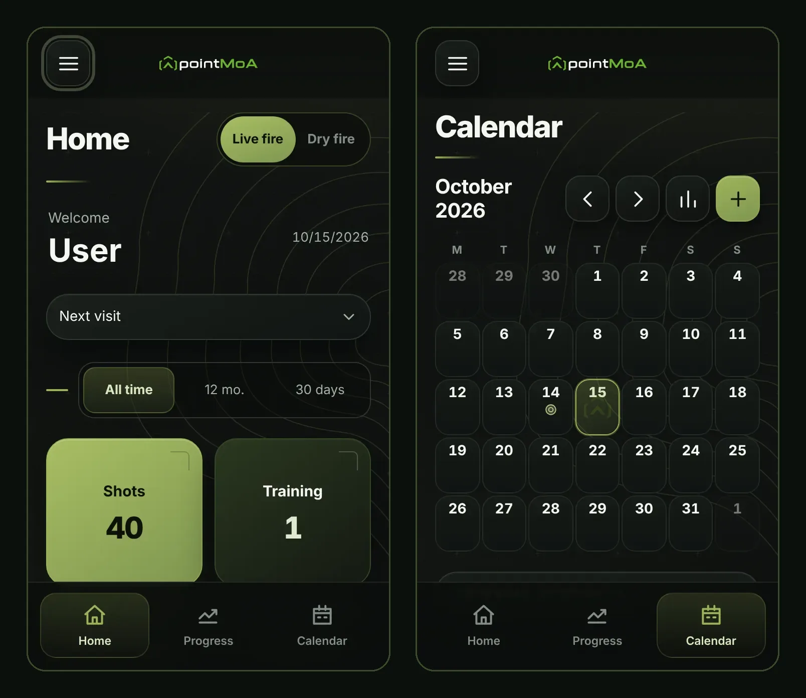 Two pointMoA screens in the dark theme. Left: Home with a welcome to the user, the date, the collapsible “Next visit” section, the “All time”, “12 mo.” and “30 days” range buttons and the “Shots 40” and “Training 1” tiles. Right: the Calendar for October 2026 with a day grid, a marked session day and an add button.