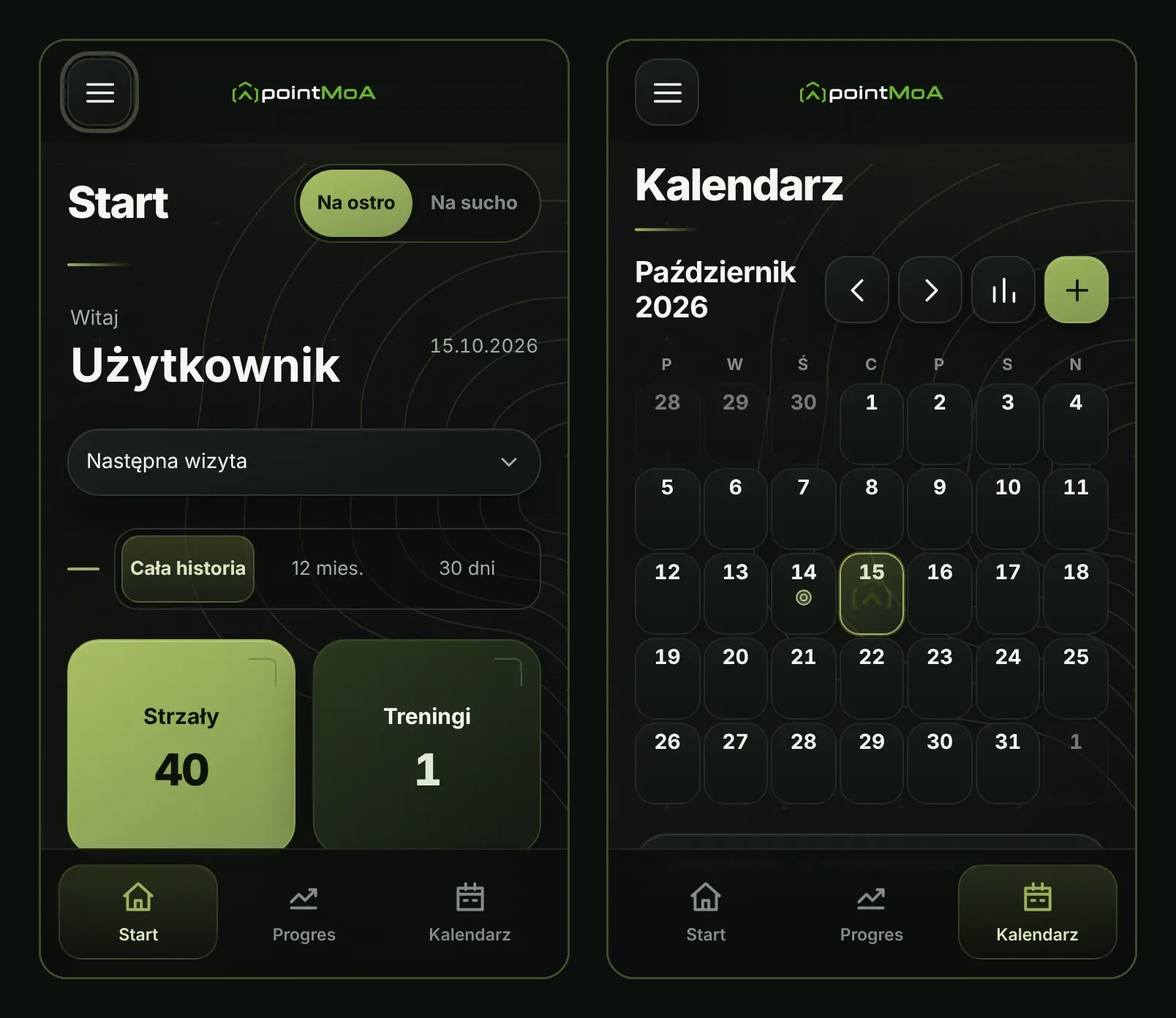 Dwa ekrany aplikacji pointMoA w ciemnym motywie. Po lewej Start: powitanie użytkownika, data, rozwijana sekcja „Następna wizyta”, zakres czasu „Cała historia”, „12 mies.” i „30 dni” oraz kafelki „Strzały 40” i „Treningi 1”. Po prawej Kalendarz na październik 2026 z siatką dni, oznaczonym dniem sesji i przyciskiem dodania wpisu.