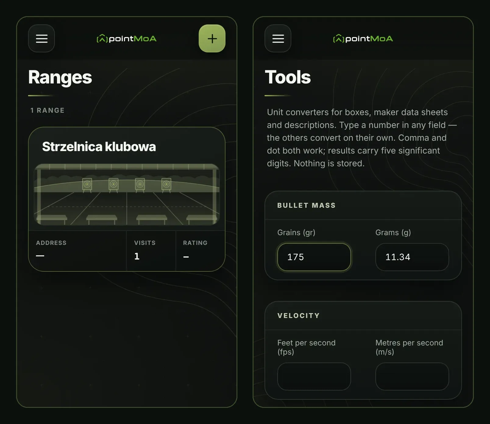 Two pointMoA screens. Left: the “Ranges” module with one card, “Strzelnica klubowa”, a drawing of the firing lanes and the address, visits (1) and rating fields. Right: the “Tools” module with a description of the converters and a “Bullet mass” section converting 175 gr to 11.34 g, followed by a “Velocity” section in feet and metres per second.
