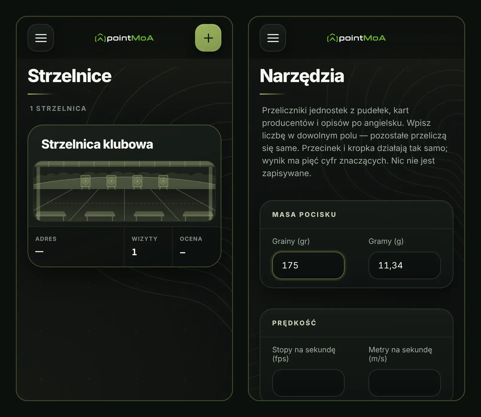 Dwa ekrany pointMoA. Po lewej moduł „Strzelnice” z jedną kartą „Strzelnica klubowa”: rysunek osi strzeleckich, pola adres, wizyty 1 i ocena. Po prawej moduł „Narzędzia”: opis przeliczników oraz sekcja „Masa pocisku” z wartością 175 gr przeliczoną na 11,34 g, a pod nią sekcja „Prędkość” w stopach i metrach na sekundę.