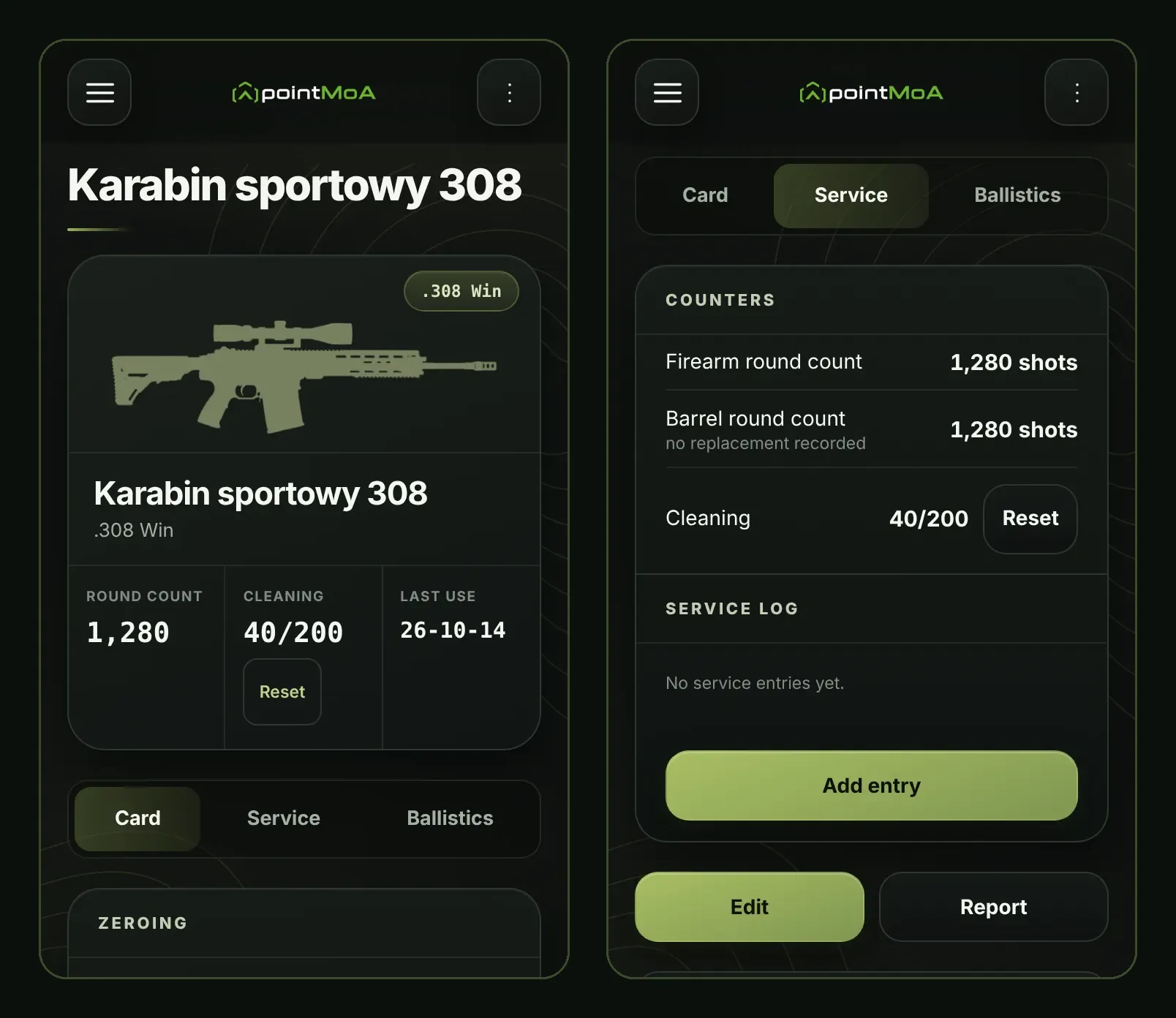 Two pointMoA Armory screens. Left: the firearm card “Karabin sportowy 308”, .308 Win, a rifle illustration, round count 1,280, cleaning 40/200 with a Reset button and the last use date, above the Card, Service and Ballistics tabs. Right: the “Service” tab with firearm and barrel round counts of 1,280 shots each, a 40/200 cleaning counter, an empty service log and an “Add entry” button.