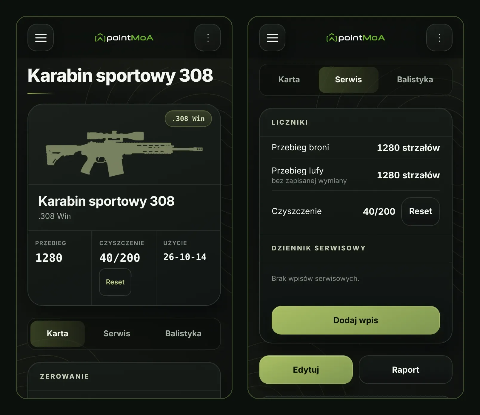 Dwa ekrany karty broni w Zbrojowni pointMoA. Po lewej „Karabin sportowy 308”, kaliber .308 Win, ilustracja karabinu, przebieg 1280, czyszczenie 40/200 z przyciskiem Reset i data ostatniego użycia, a pod spodem zakładki Karta, Serwis i Balistyka. Po prawej zakładka „Serwis”: liczniki przebiegu broni i lufy po 1280 strzałów, licznik czyszczenia 40/200, pusty dziennik serwisowy i przycisk „Dodaj wpis”.